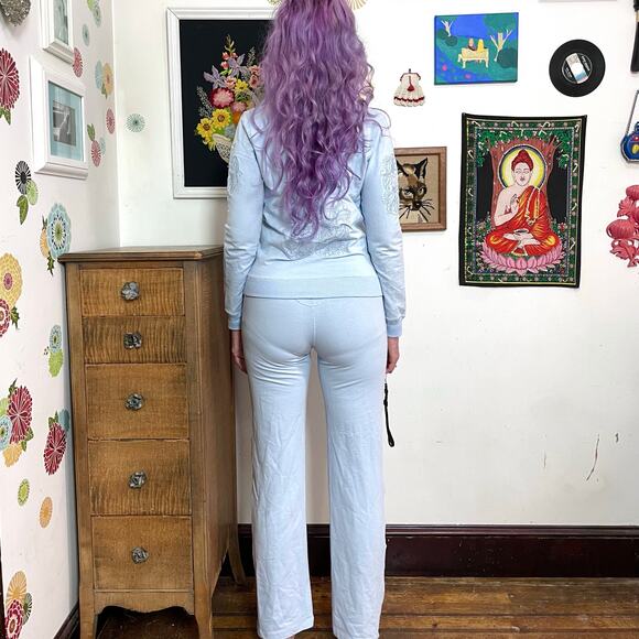 Vintage Vertigo Track Suit, y2k Baby Blue Stretch Knit Pants & Jacket Sz M - Picture 3 of 11